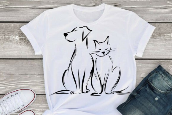 Cat and Dog Line Art Illustration, Black