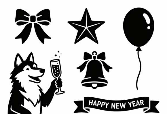 Happy New Year Wolf Dog Silhouette Clip