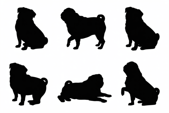 Pug Dog Silhouettes in Various Poses
